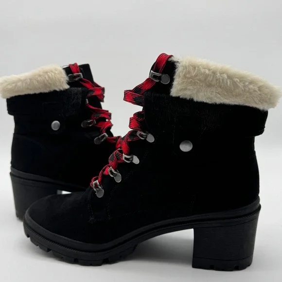 Jellypop Black Heeled Ankle Boots Red Plaid Laces Faux Fur Trim Lug Sole Size 9M - Picture 7 of 13